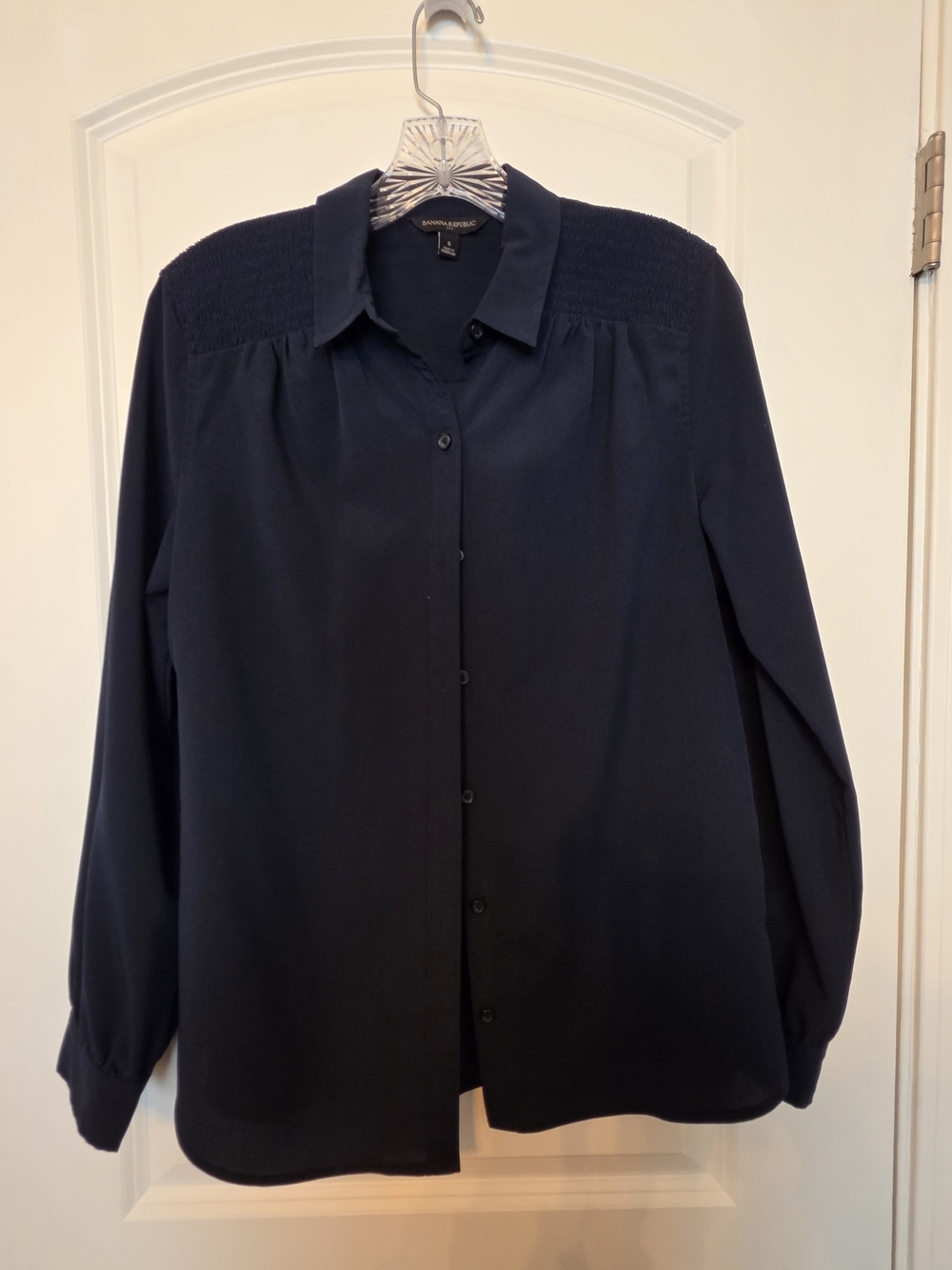 Banana Republic Navy Button-Front Blouse with Shirred Yoke